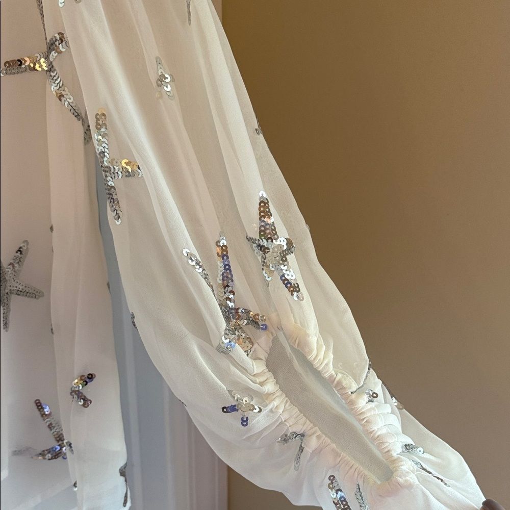 Anthropologie Cream Sequin Starfish Blouse sheer arms - Picture 3 of 5